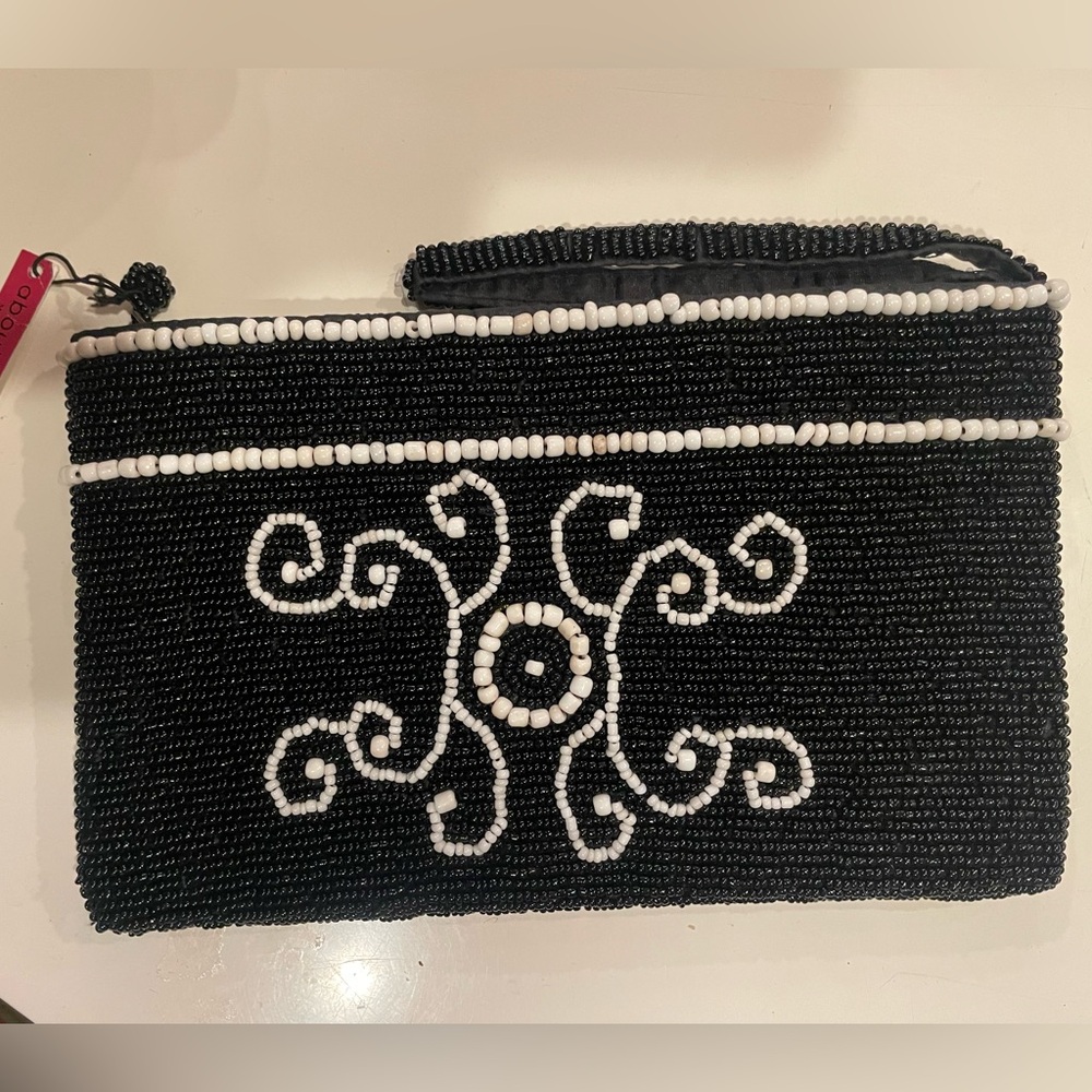 Boho Black and White Beaded Clutch Purse 4.5" H x 7.5" L x 3"D NWT